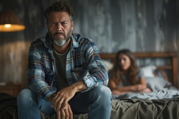 Obraz premium Young man feeling sad and sitting on bed while woman is sleeping