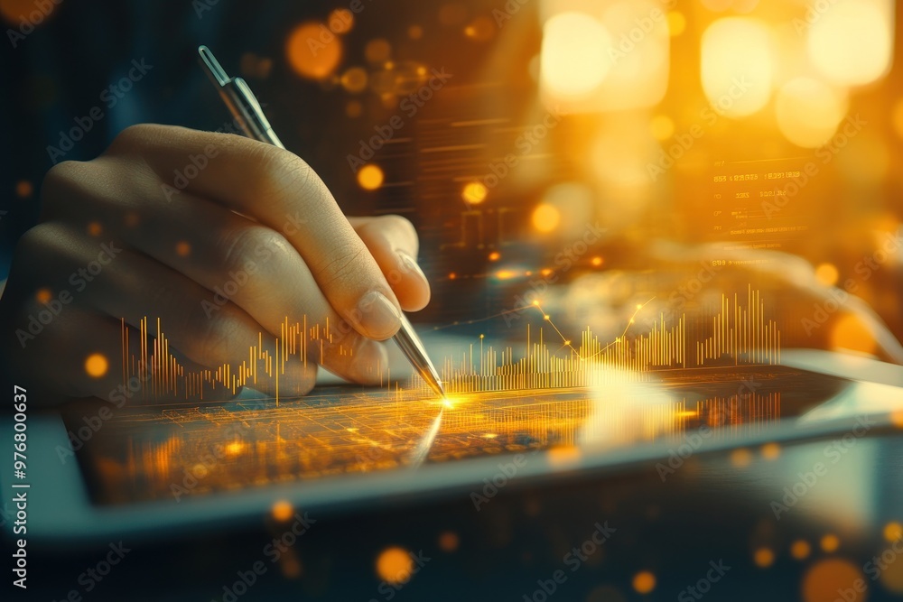 Poster hand using a stylus on a tablet with charts and data