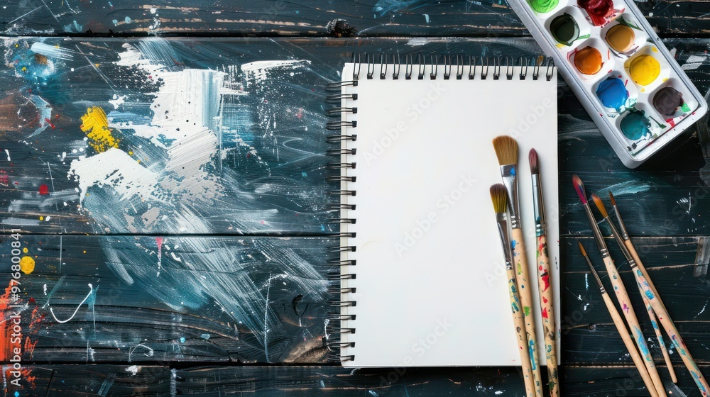 Poster creative art work table concept, mock up blank notebook sketchbook, paintbrushes set and paintbox fo