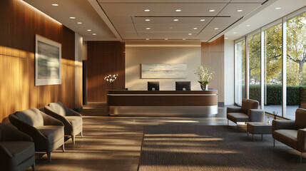 A sleek office lobby with a modern reception desk, comfortable seating, and artistic decor.