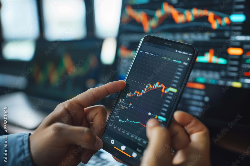 Poster stockbroker analyzing cryptocurrency chart on smartphone with graphs on background