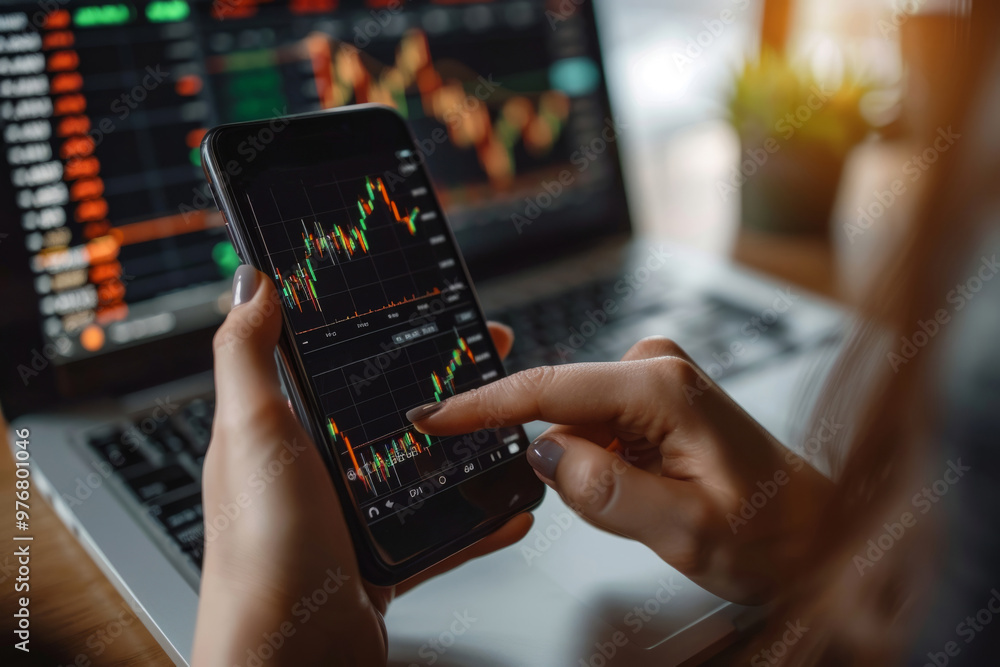 Poster stock trader analyzing charts on smartphone app with stock market data in background