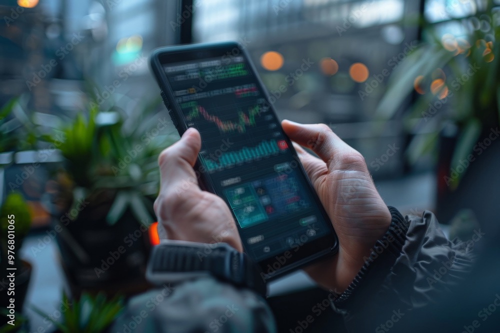 Poster day trader using trading app on smartphone checking stock market data