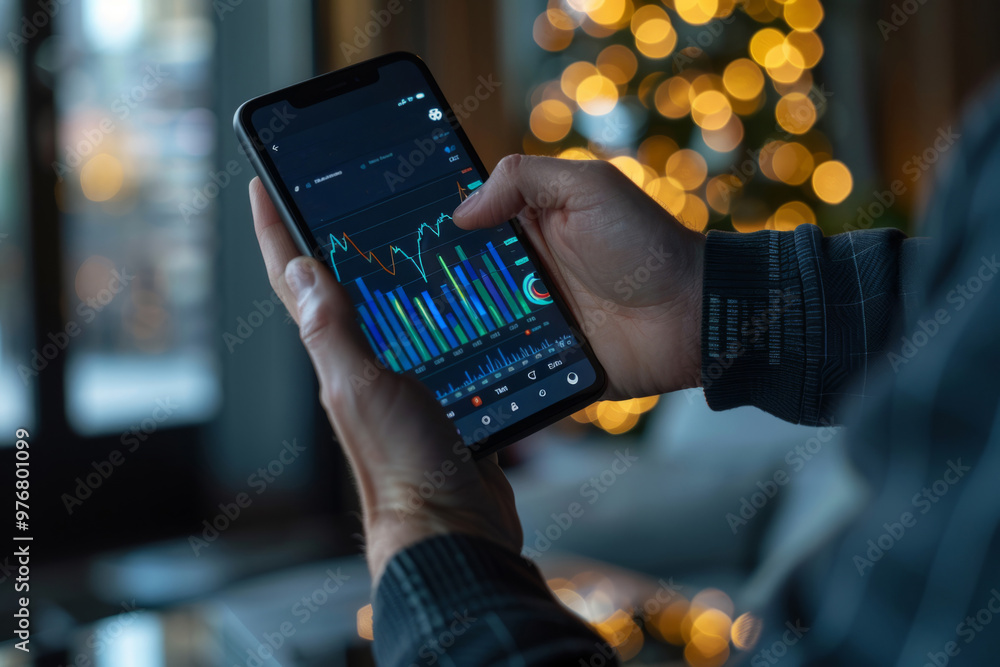 Poster day trader using trading app on smartphone checking stock market data