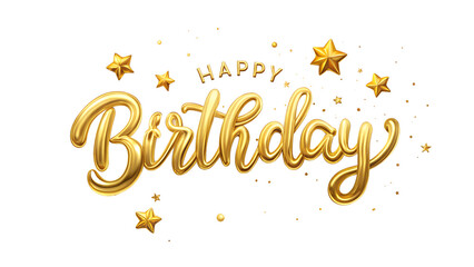 Golden Birthday Greeting. the phrase &ldquo;Happy Birthday&rdquo; in a golden cursive font, surrounded by stars and confetti on a white background.