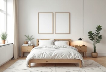 Scandinavian interior design of modern bedroom. Natural wood bed and bedside cabinets against wall with two poster frames