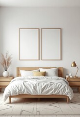 Scandinavian interior design of modern bedroom. Natural wood bed and bedside cabinets against wall with two poster frames