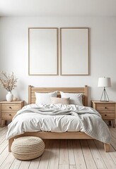 Scandinavian interior design of modern bedroom. Natural wood bed and bedside cabinets against wall with two poster frames