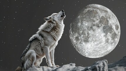 Fototapeta premium A wolf howling at the moon isolated on a transparent background.