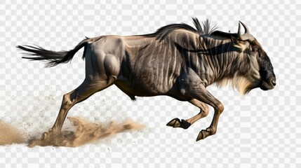 Obraz premium A wildebeest mid-run isolated on a transparent background.