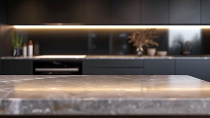 a Scandinavian-style kitchen with a clean, light wood or stone countertop in the foreground, designed as an empty space for a designer to place products