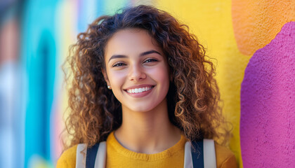 Smiling young woman with curly hair standing against a colorful graffiti wall, wearing a yellow sweater and carrying a backpack. - Powered by Adobe