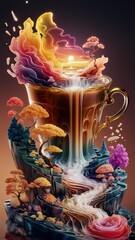 A 3D conceptual art piece featuring a luxurious teacup adorned with vibrant, intricate foam art. 
