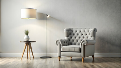 Minimalist living room interior with a tufted armchair, side table