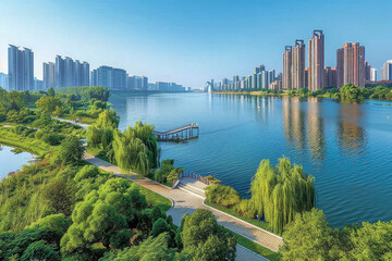 Obraz premium Urban residential buildings by the lake