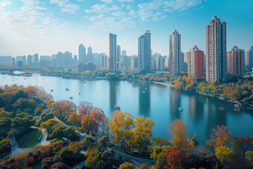 Fototapeta premium Urban residential buildings by the lake