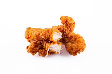 Chicken tenders. Fried chicken breast strips on white background. Isolated chicken crisps