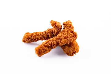 Chicken tenders. Fried chicken breast strips on white background. Isolated chicken crisps