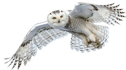 Obraz premium A snowy owl in flight isolated on a transparent background.