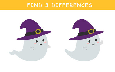 Find 3 differences in illustration. Educational activity with cute little ghost illustration. Spot difference. Educational fun game for children.