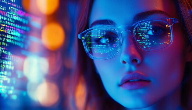 Young woman with futuristic glasses studying code, surrounded by colorful neon lights reflecting off her lenses.