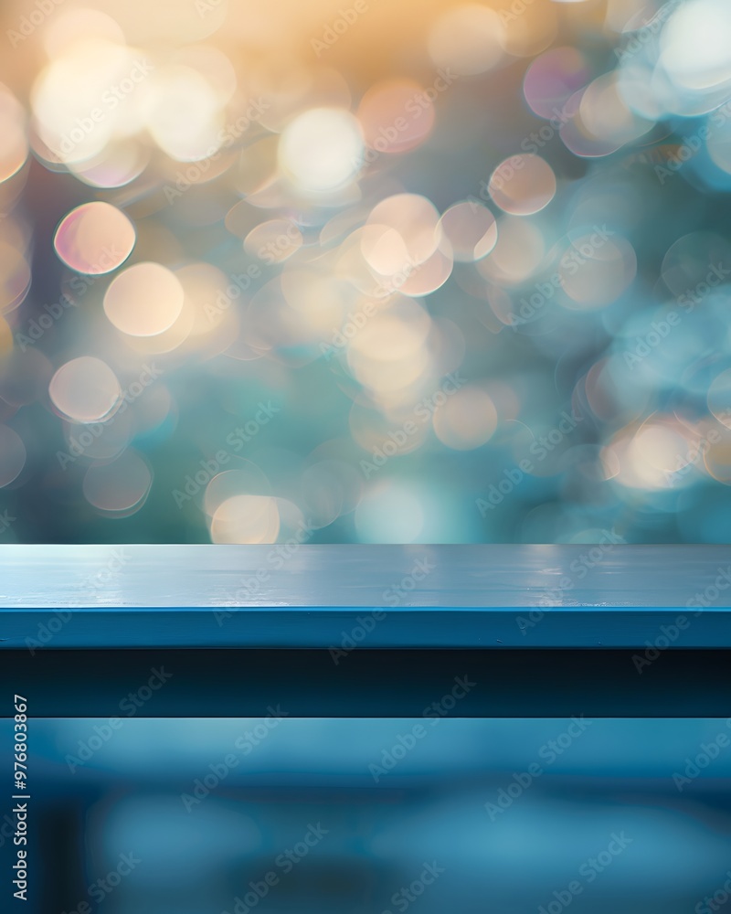 Poster a blurred background with bokeh effect, featuring a clear surface in the foreground.
