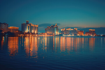 Fototapeta premium At night, the city's high-rise buildings by the lake