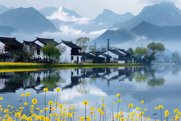 Fototapeta premium In spring, rapeseed flowers bloom, and houses by the lake