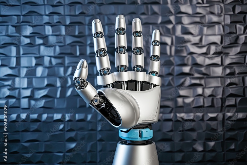 Poster autonomous robotic hand against textured backdrop for technology interaction