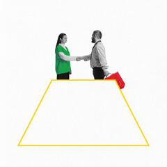 Contemporary art collage. Two people shaking hands, depicting the importance of interviews in solidifying job opportunities. Concept of human resource management and recruitment and hiring.