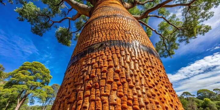 Weathered ridges and crevices adorn the rough-barked trunk of the bottle tree, revealing the passage of time and