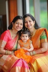 Three women are sitting together, one of them holding a baby. The women are wearing colorful clothing, and the baby is wearing a yellow dress. Scene is warm and friendly, as the women are smiling