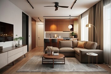 Fototapeta premium Contemporary Open-Plan Studio 3D Design: Warm Aesthetic and Comfortable Living Space