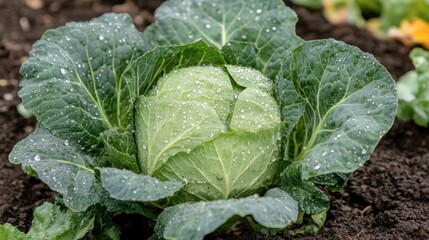 Naklejka premium A close-up of a freshly harvested green cabbage head with dew drops on its crisp leaves, nestled in a garden bed surrounded by rich soil and greenery.