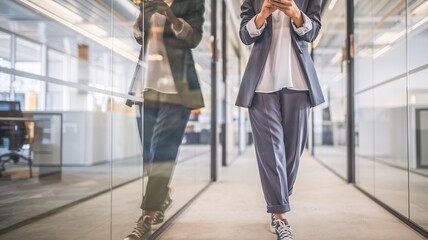 A professional woman walks confidently down a modern office hallway, blending business and casual fashion. She wears a blazer with relaxed-fit pants and sneakers. 