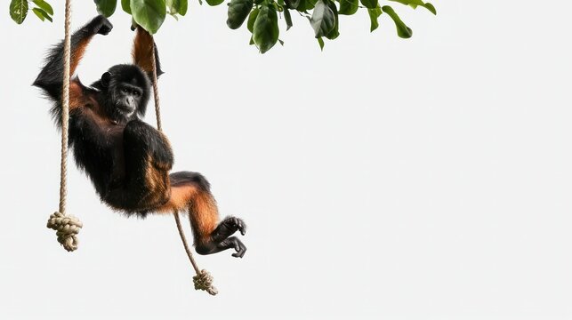 A monkey swinging from a vine isolated on a transparent background.