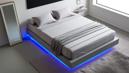 Modern Cozy Bedroom In Pastel Tones.  Stylish trendy decoration with copy space.