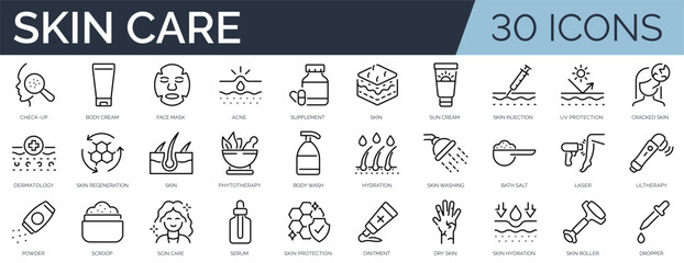 Set of 30 outline icons related to skin care. Linear icon collection. Editable stroke. Vector illustration
