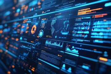 Obraz premium Futuristic digital interface with various graphs, charts, and data visualizations.