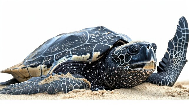 A leatherback turtle on the shore isolated on a transparent background.