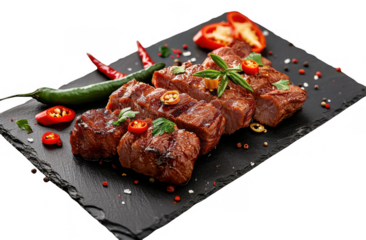 Hearty Steak Dish with Fried Vegetables and Chili Garnish on Wooden Table.