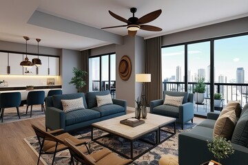Cozy Apartment Lounge Space 3D Visualization with Comfortable Seating and Modern Decor
