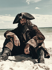 Black Bearded Pirate Captain Sitting on Beach &ndash; Historical Pirate Concept