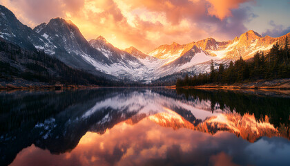 Obraz premium Nature Bliss: A serene mountain landscape with a lake reflecting the snowy peaks at sunrise