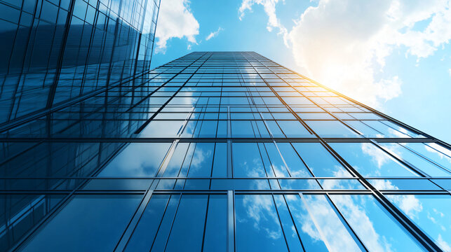 A sleek modern high-rise office building with energy-efficient design.