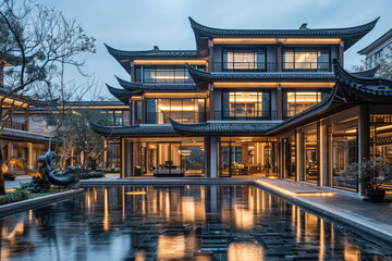 Obraz premium Chinese architecture at night, pavilions and towers