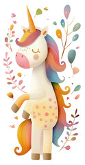 Naklejka premium Whimsical Unicorn Holding Floral Plant in Colorful Fantasy Scene