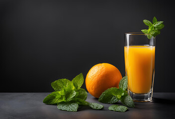 Fototapeta premium Photorealistic image of a glass of orange juice next to it on a dark background with a sprig of leaves and a sprig of mint. Generative ai