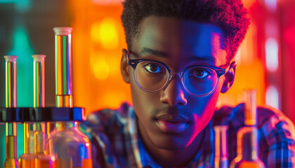 Young African American male scientist wearing glasses, surrounded by colorful chemical solutions, looks focused in a laboratory setting.
