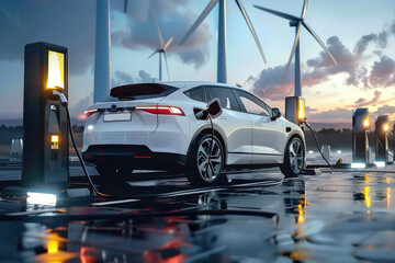 Obraz premium The small car is charging, the wind turbine in the distance